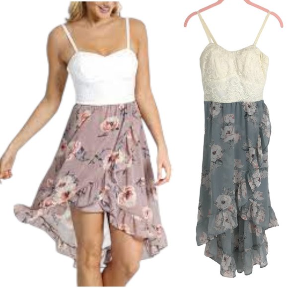Kismet Dresses & Skirts - Kismet White & Teal Floral Lace as u wish Skirt Dress Hi-Lo size S